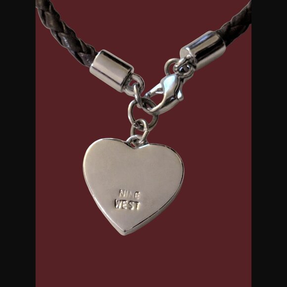 Nine West Braided Leather Band Silver Tone Heart Bangle Bracelet 6.5" - Picture 7 of 10